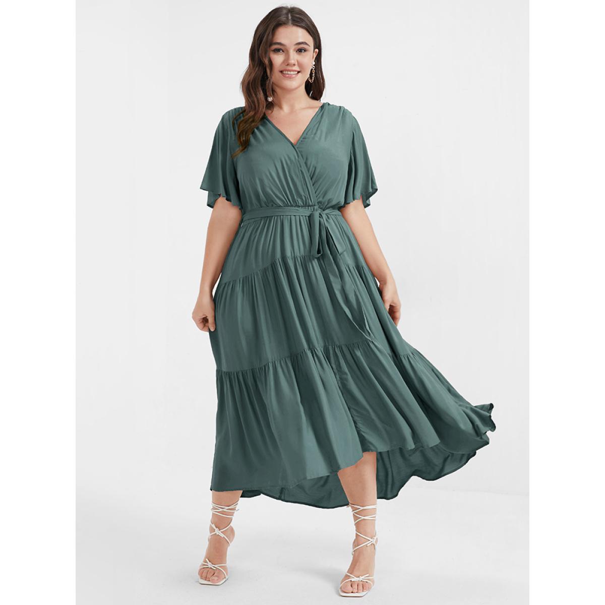 Plus Size Solid Button Pocket Belted Ruffles Wrap Midi Dress Emerald Women Elegant Cross straps V-neck Short sleeve Curvy Long Dress BloomChic 26/4X Product Image