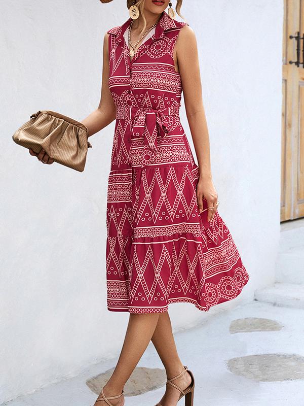 Sleeveless Buttoned Printed Tied Waist Lapel Collar Midi Dresses Product Image