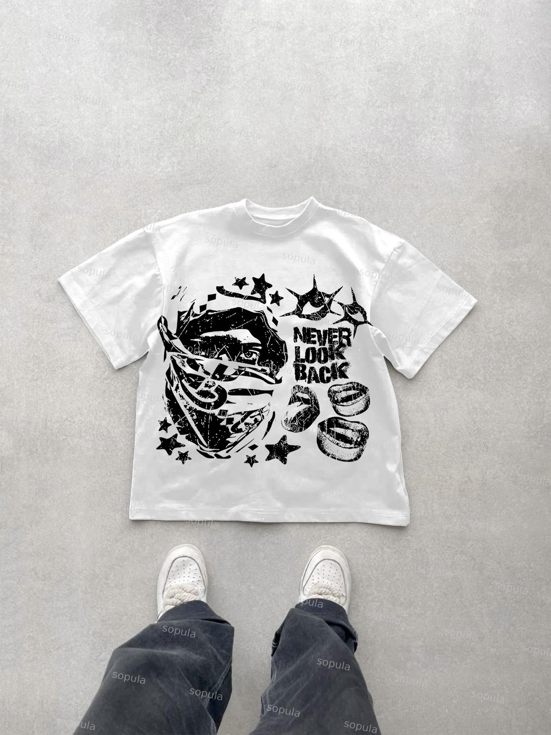 Mask Lip Never Look Back Print Cotton T-shirt Product Image