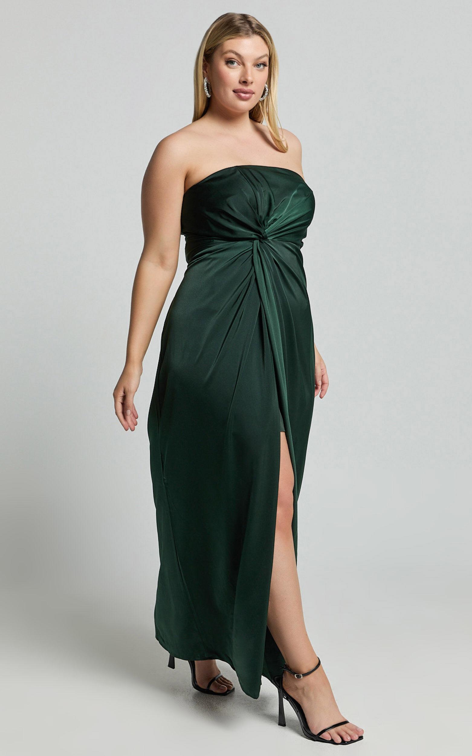 Hathaway Maxi Dress - Strapless Straight Neck Twist Front Split in Emerald Product Image