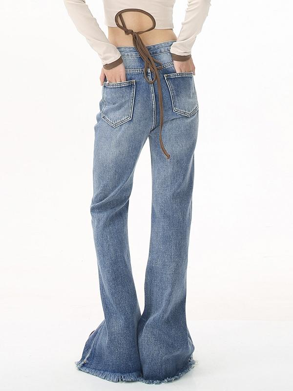 Mid Rise Raw Edge Slim Flare Jeans Product Image