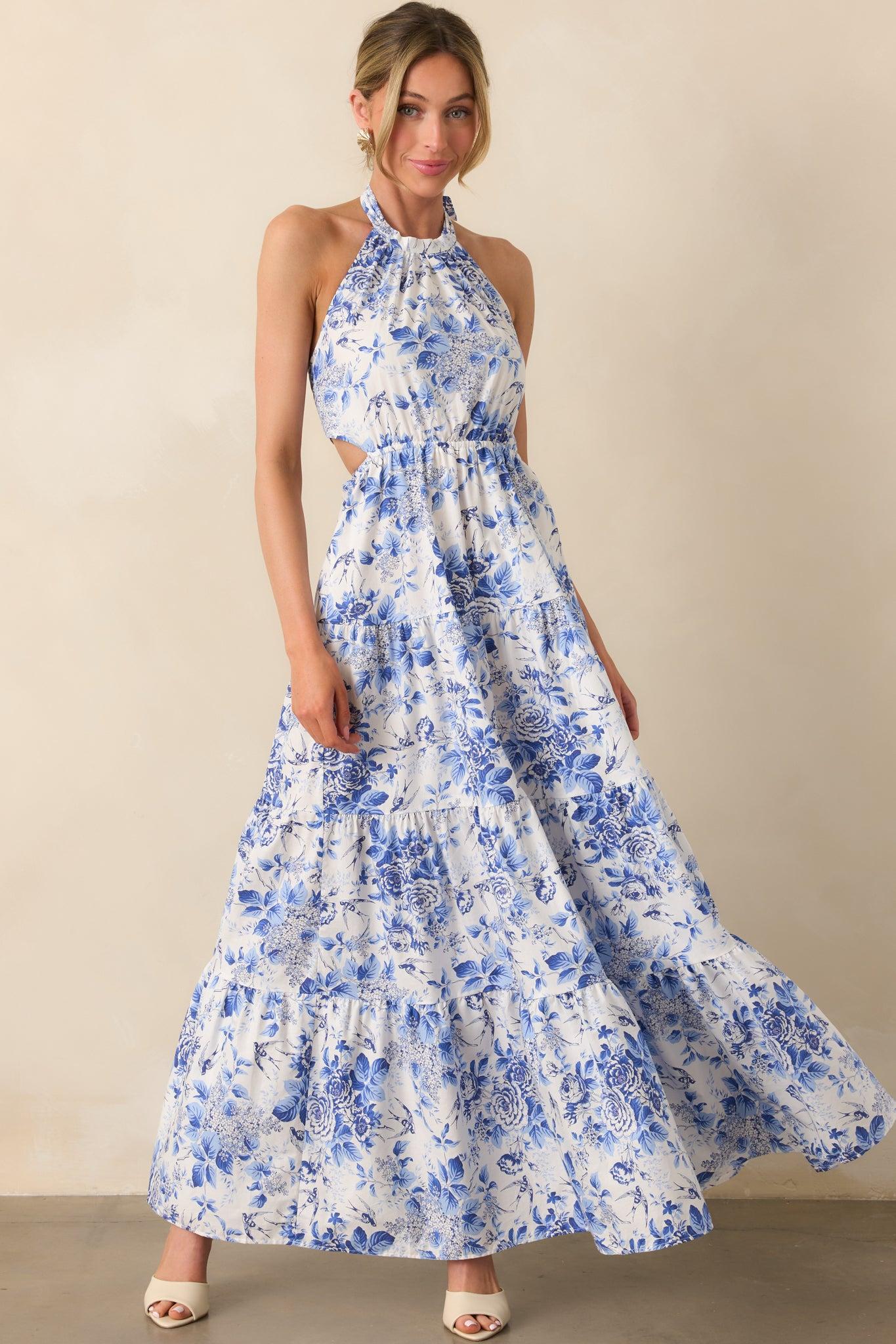 Secret Garden Blue Floral Cotton Halter Maxi Dress Product Image