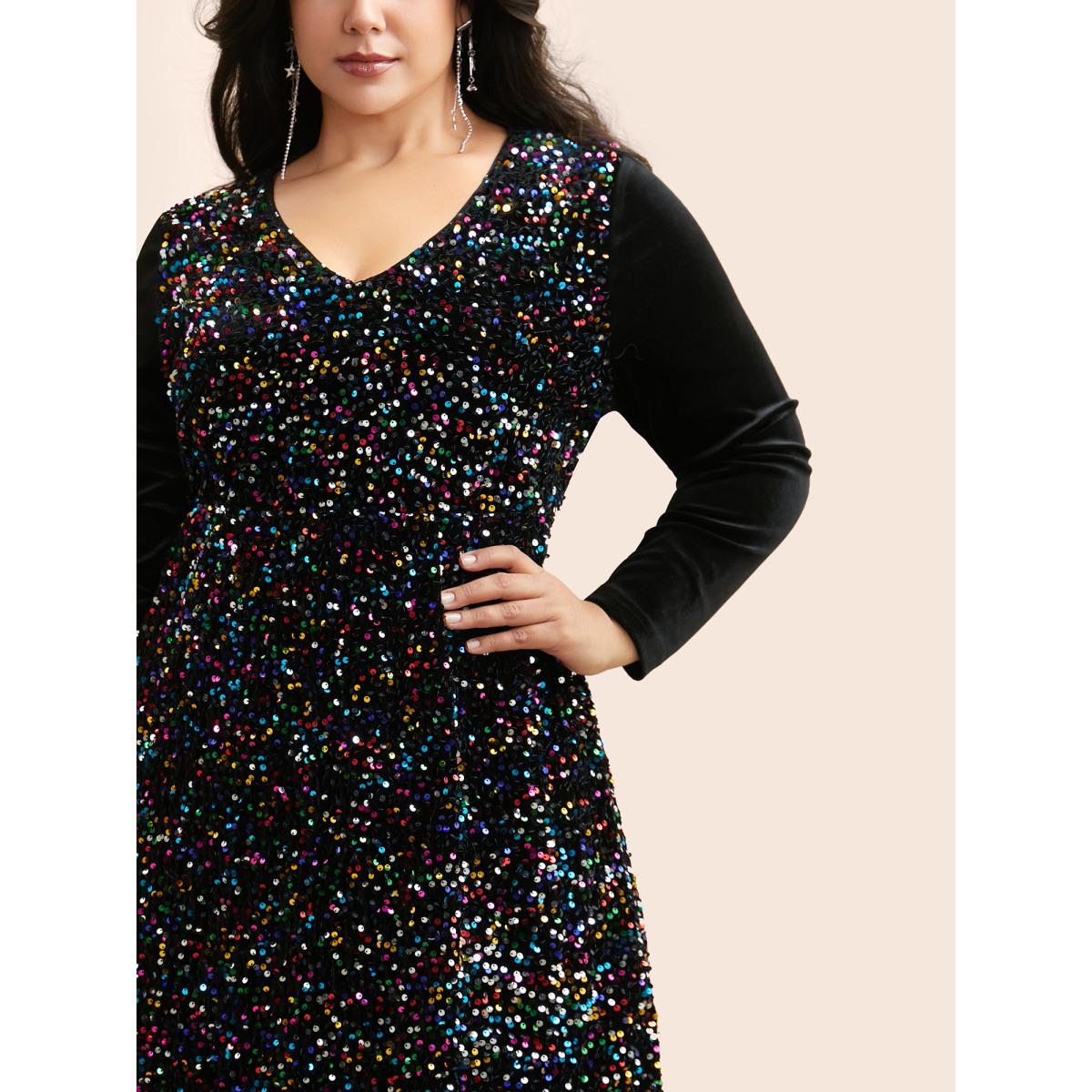Plus Size V Neck Sequin Patchwork Dress Black Women Cocktail Texture Party Curvy Bloomchic 10/M Product Image