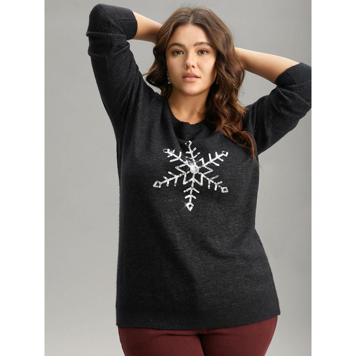 Plus Size Anti-Pilling Sequin Snowflake Round Neck Pullover Black Women Casual Loose Long Sleeve Round Neck Festival-Christmas Pullovers BloomChic 28/5X Product Image