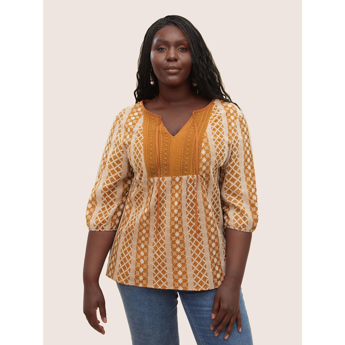 Plus Size OrangeRed Boho Print Embroidered Eyelet Lace Knot Neck Blouse Women Resort Elbow-length sleeve Flat collar with V-notch Vacation Blouses BloomChic 14-16/1X Product Image