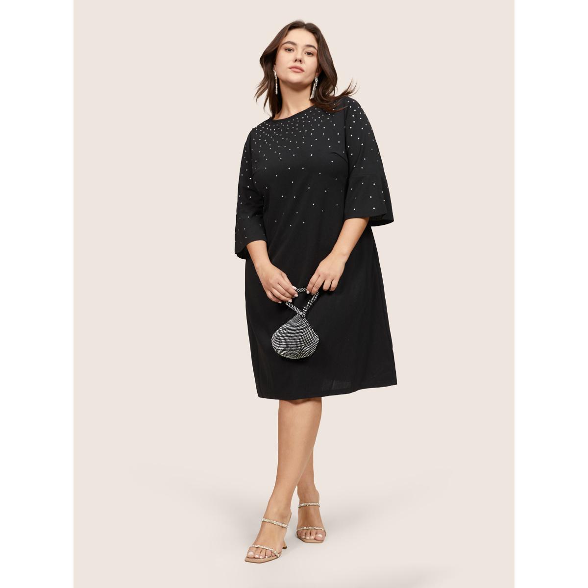 Plus Size Rhinestone Curved Hem Bell Sleeve Dress Black Women Cocktail Rhinestone detailing Round Neck Elbow-length sleeve Curvy Knee Dress BloomChic 28/5X Product Image