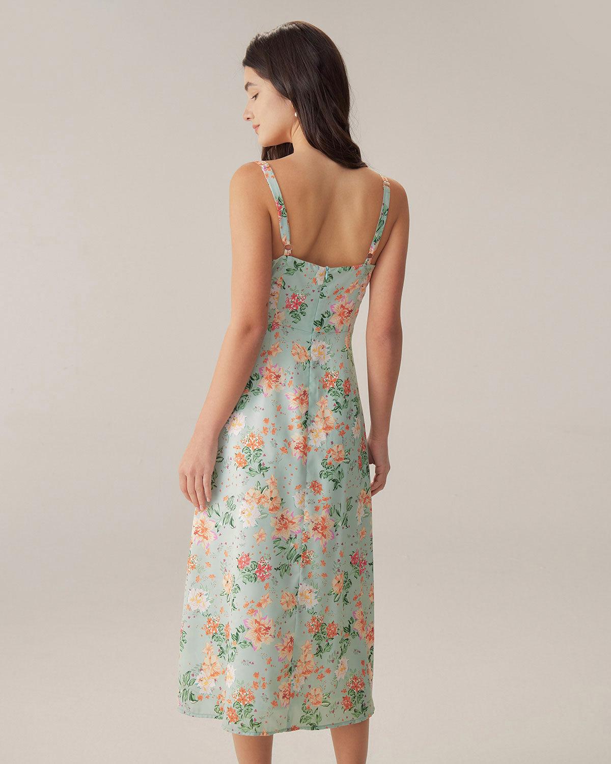 Green Floral Sweetheart Neck Slip Midi Dress Product Image