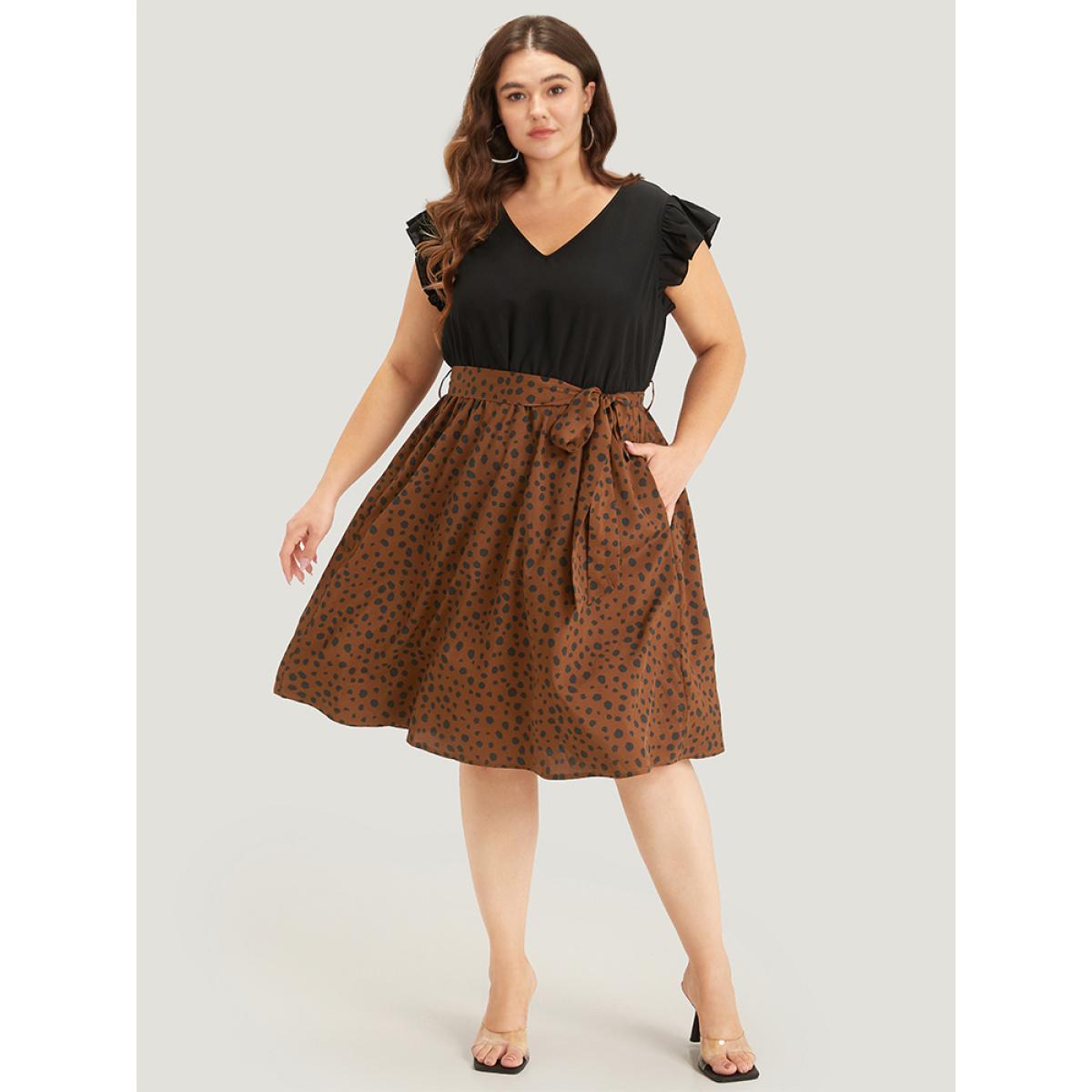Plus Size Leopard Patchwork Pocket Belt Ruffle Dress DarkBrown Women Elegant Belted V-neck Cap Sleeve Curvy Knee Dress BloomChic 18-20/2X Product Image
