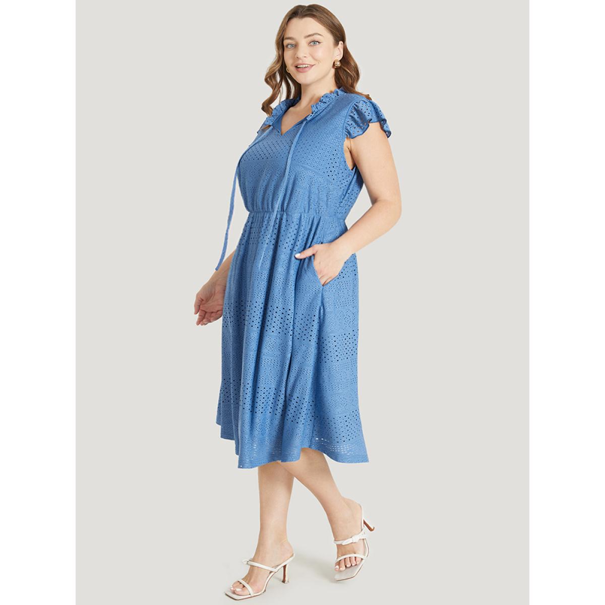 Plus Size Plain Pocket Ruffle Tie Neck Cap Sleeve Broderie Anglaise Dress Blue Women Elegant Lined Tie Neck Cap Sleeve Curvy Midi Dress BloomChic 18-20/2X Product Image