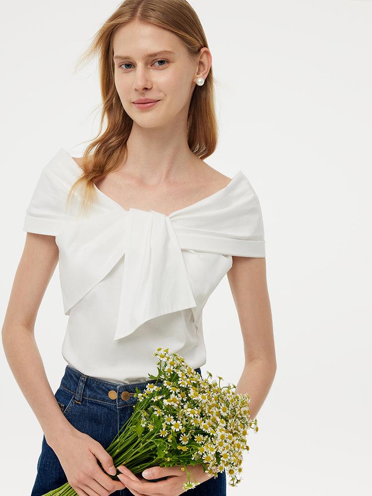 100% Cotton Stretch Off Shoulder Women Bow Top Product Image