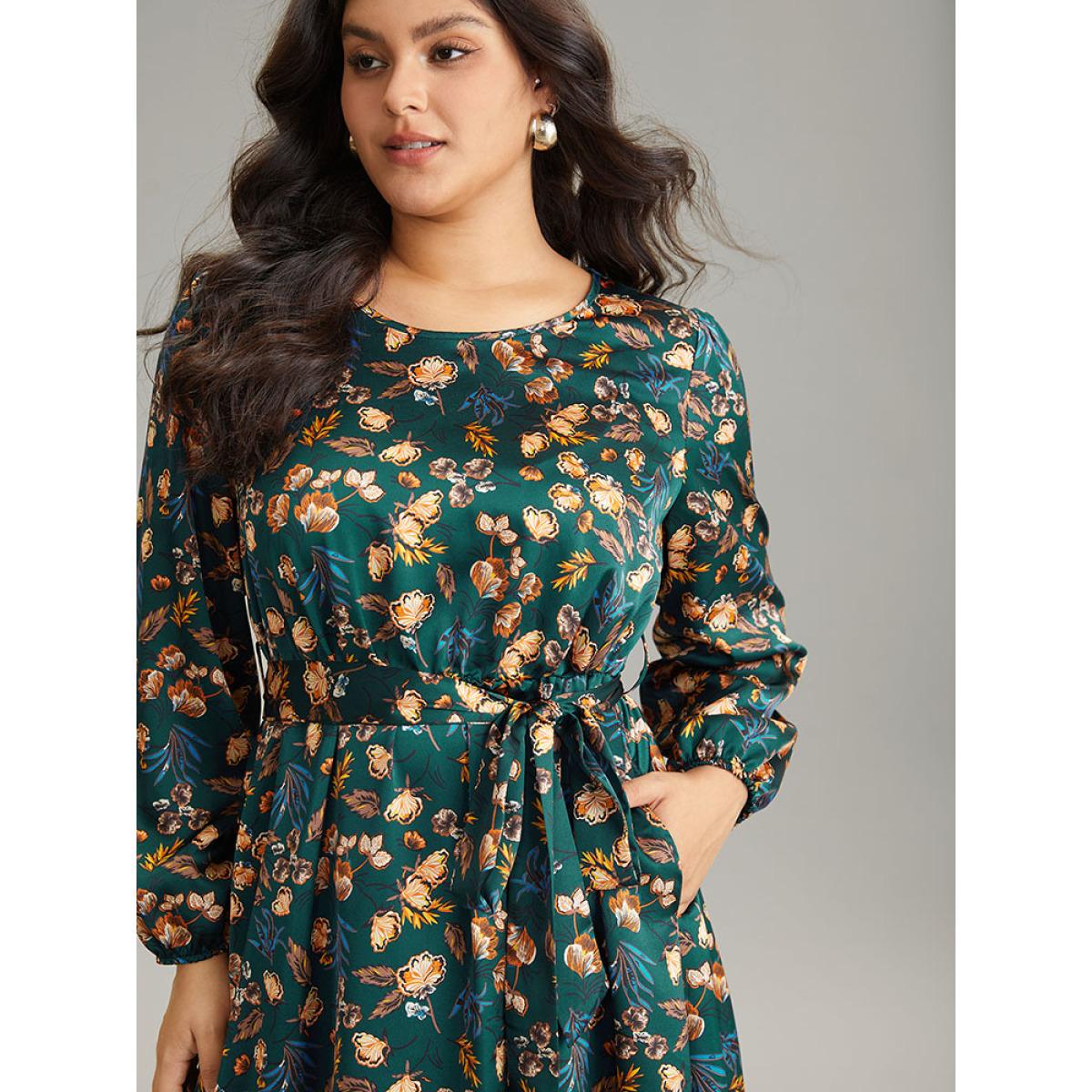 Plus Size Floral Lantern Sleeve Belted Elastic Waist Dress Cyan Women Office Elastic cuffs Round Neck Long Sleeve Curvy Midi Dress BloomChic 28/5X Product Image