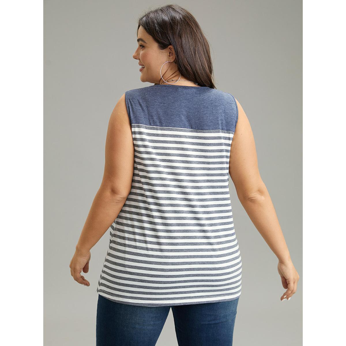 Plus Size Striped Patchwork Contrast Pocket Tank Top Women Blue Casual Contrast Round Neck Dailywear Tank Tops Camis BloomChic 10/M Product Image
