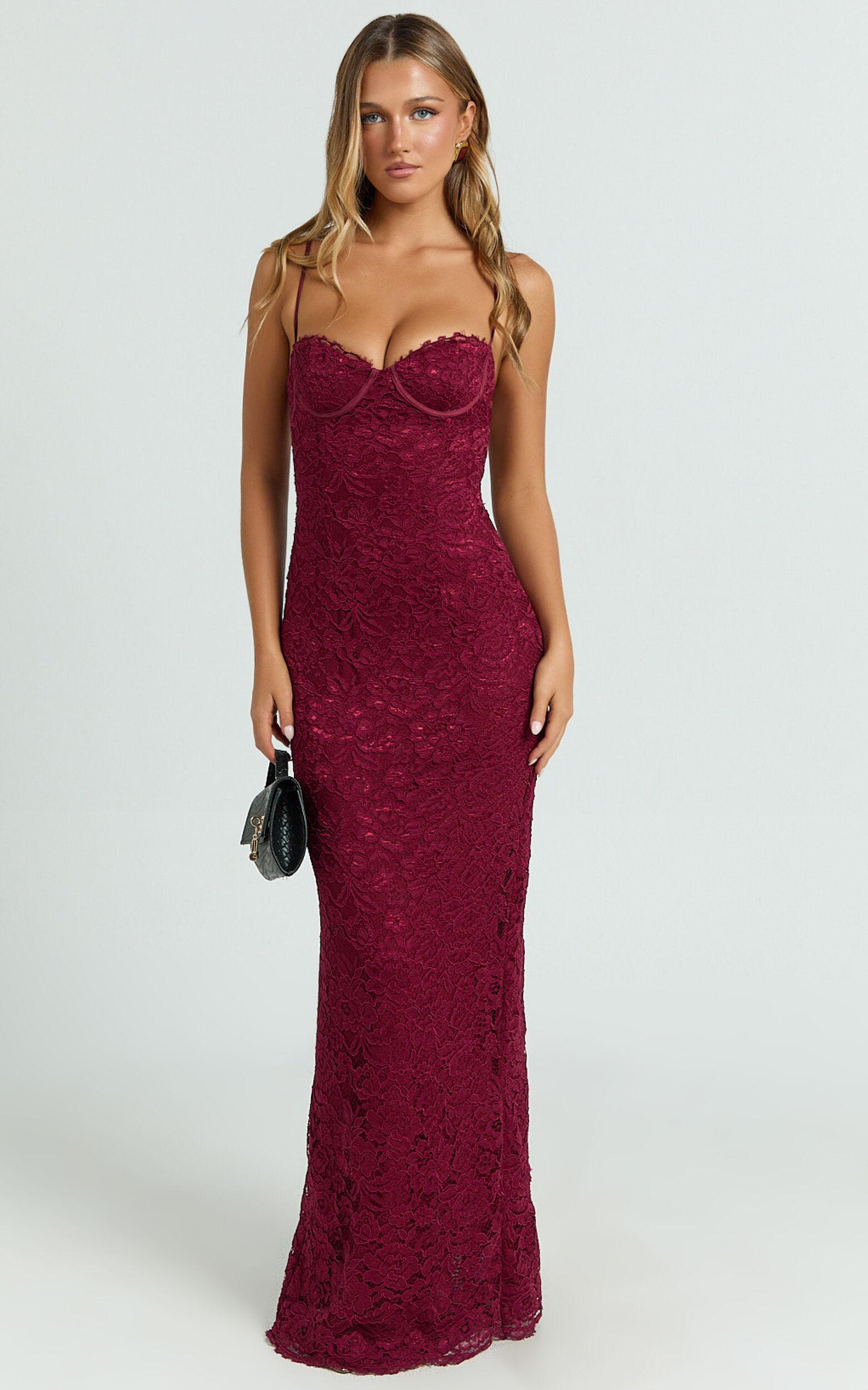 Carli Maxi Dress - Adjustable Strap Corset Bodycon Lace Dress in Wine Product Image
