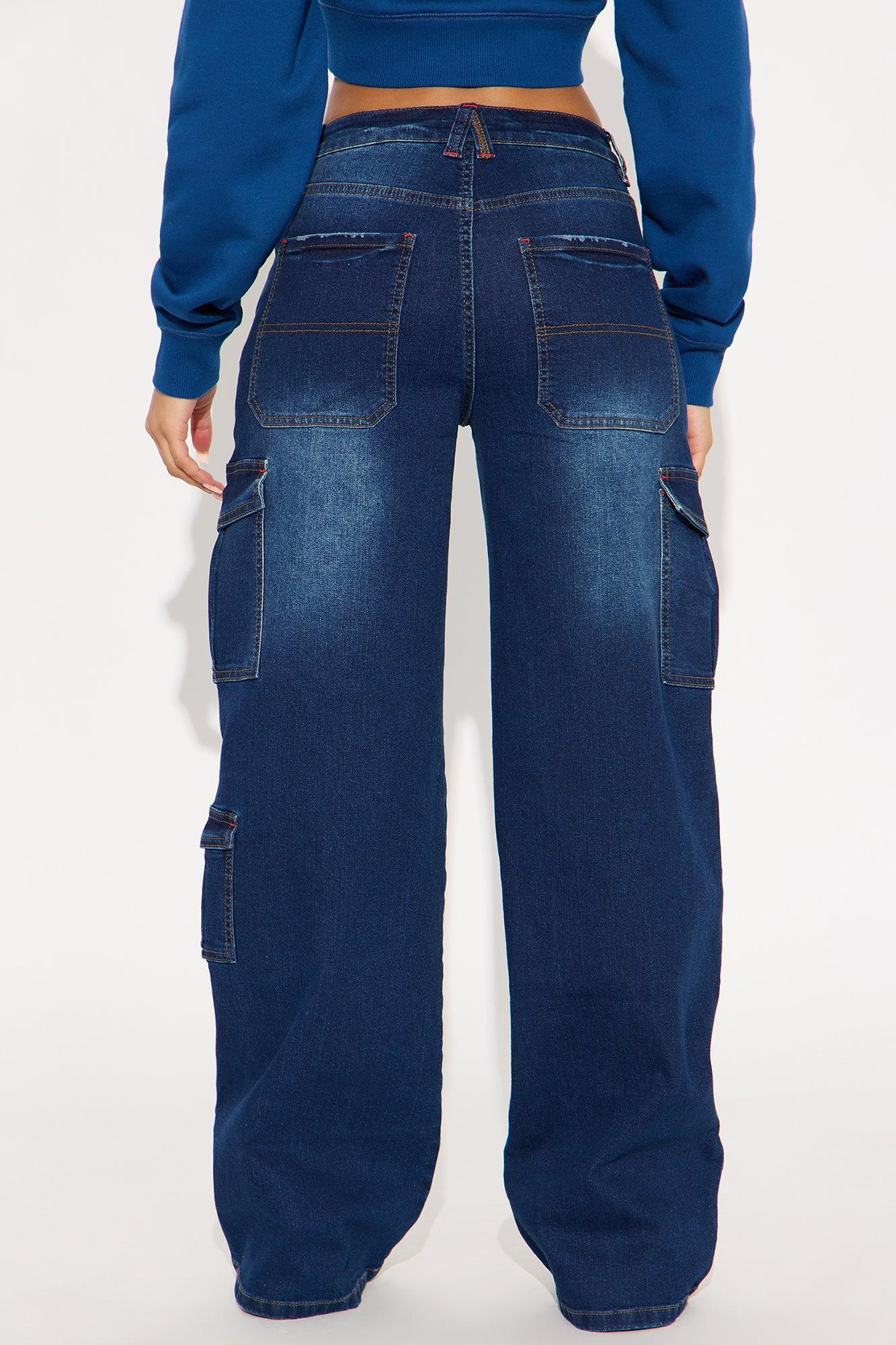 In The Bleachers Cargo Wide Leg Jeans - Dark Wash Female Product Image