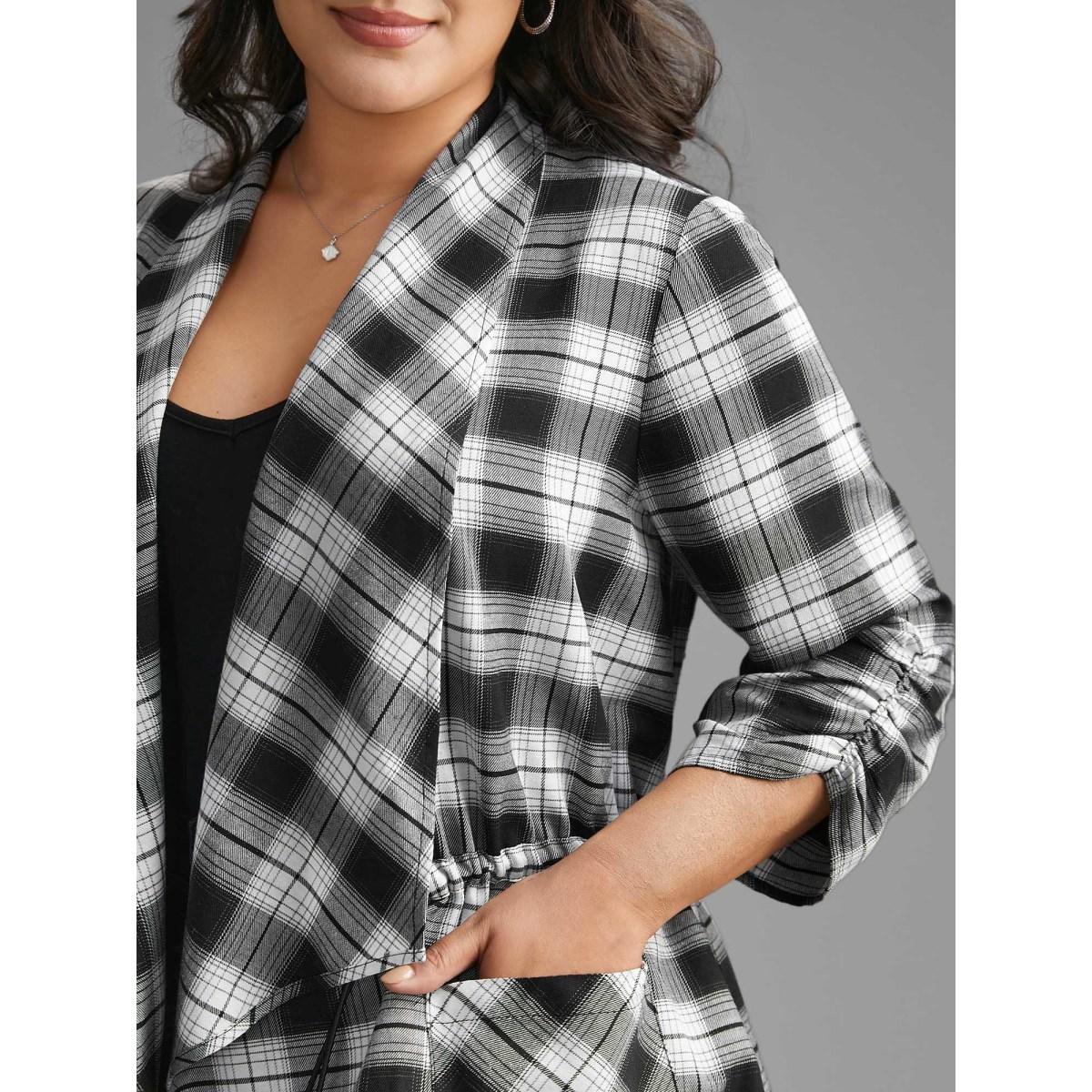 Plus Size Plaid Drawstring Patched Pocket Coat Women Black Elegant Drawstring Ladies Everyday Winter Coats BloomChic 12/L Product Image