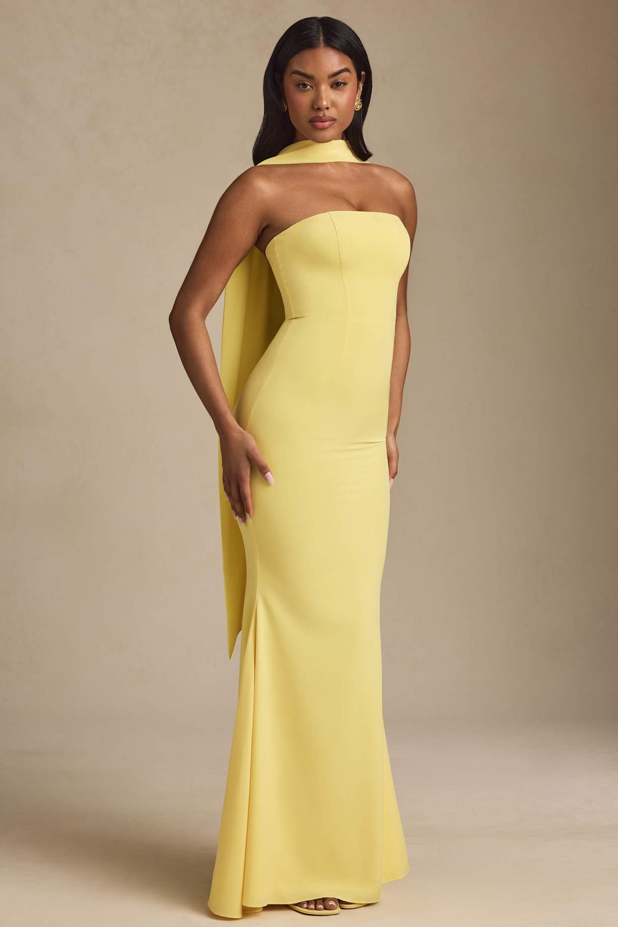 Scarf-Detail Strapless Gown in Pastel Yellow Product Image