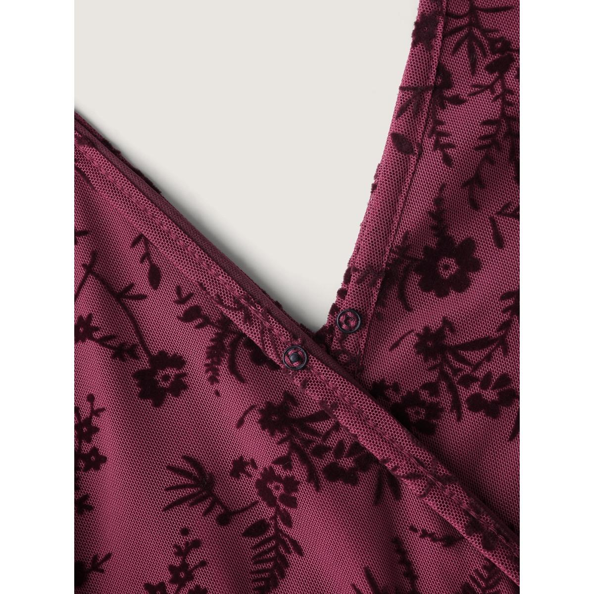 Plus Size Flocked Wrap Backless Tie Pockets Mini Dress Deepred Women Romantic V-neck Long Sleeve Curvy BloomChic 22-24/3X Product Image