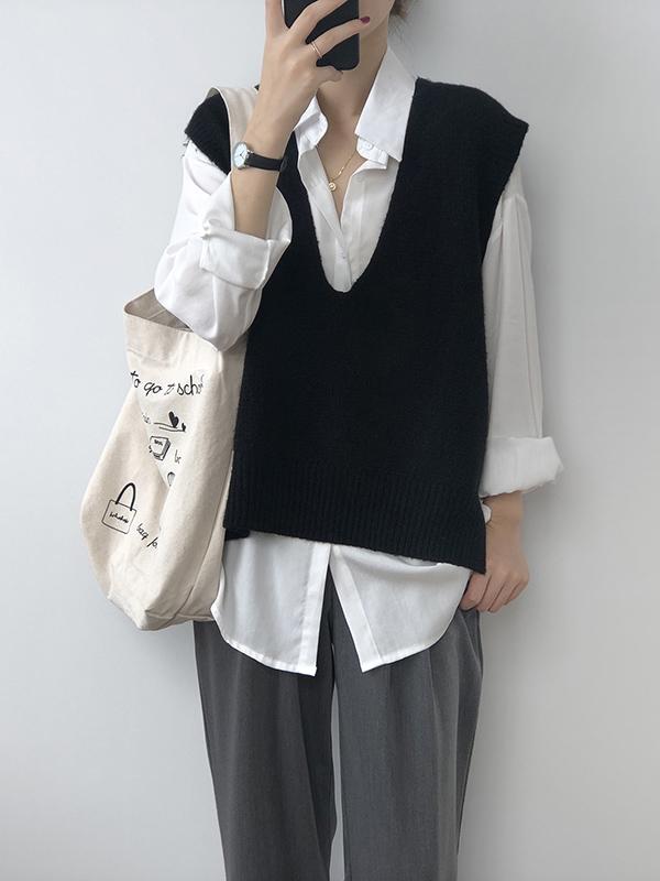 Knitting Irregularity Solid V-Neck Vest Product Image