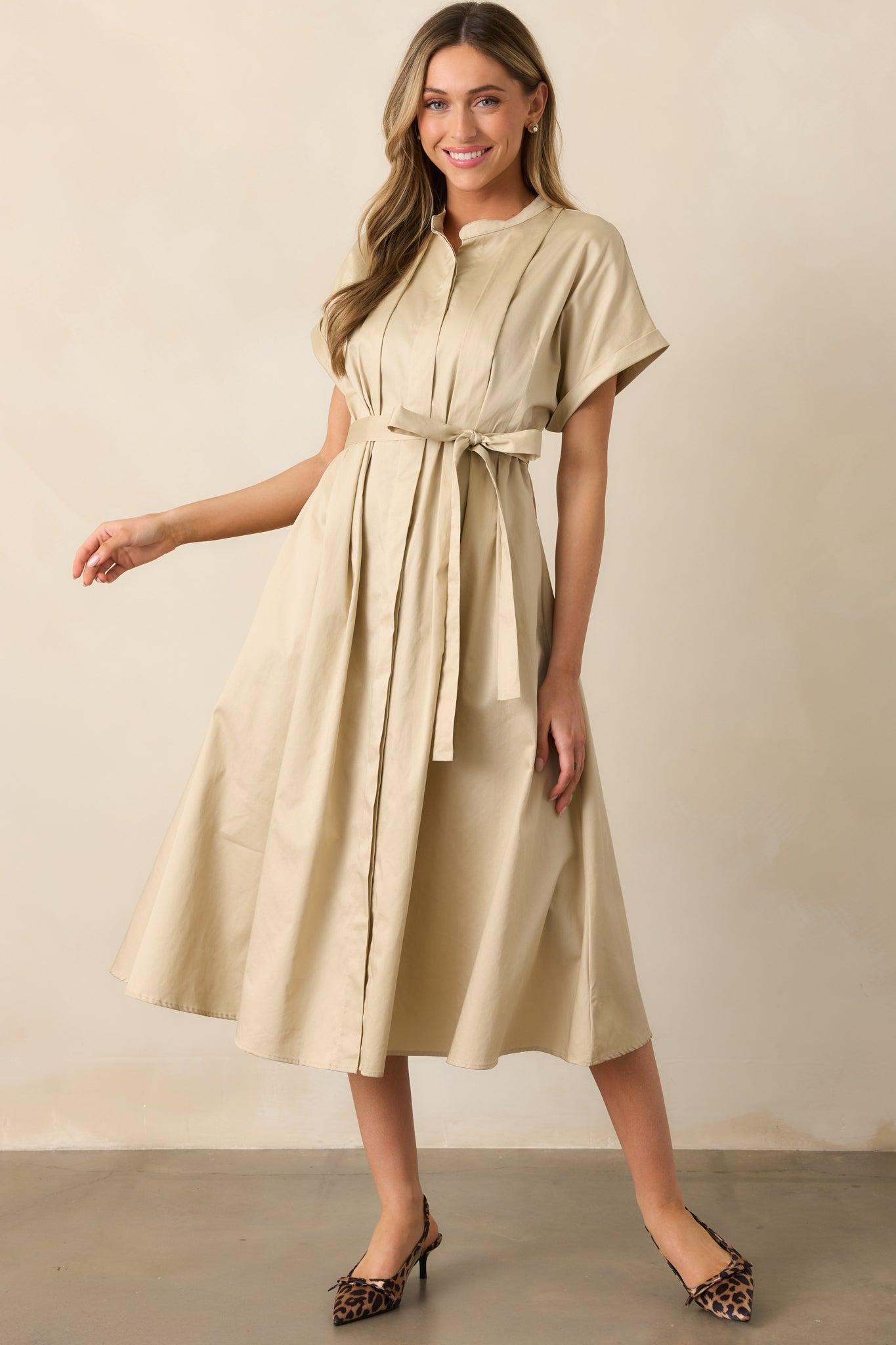 Late Nights Beige Cotton Button Front Midi Dress Product Image
