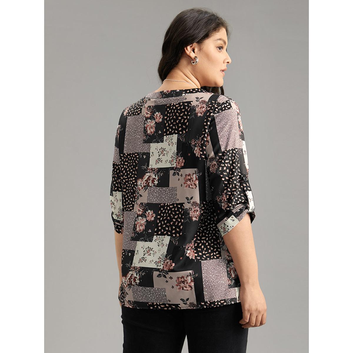 Plus Size BlackFlower Floral Colorblock Contrast Tab Sleeve Blouse Women Elegant Elbow-length sleeve V-neck Dailywear Blouses BloomChic 14-16/1X Product Image