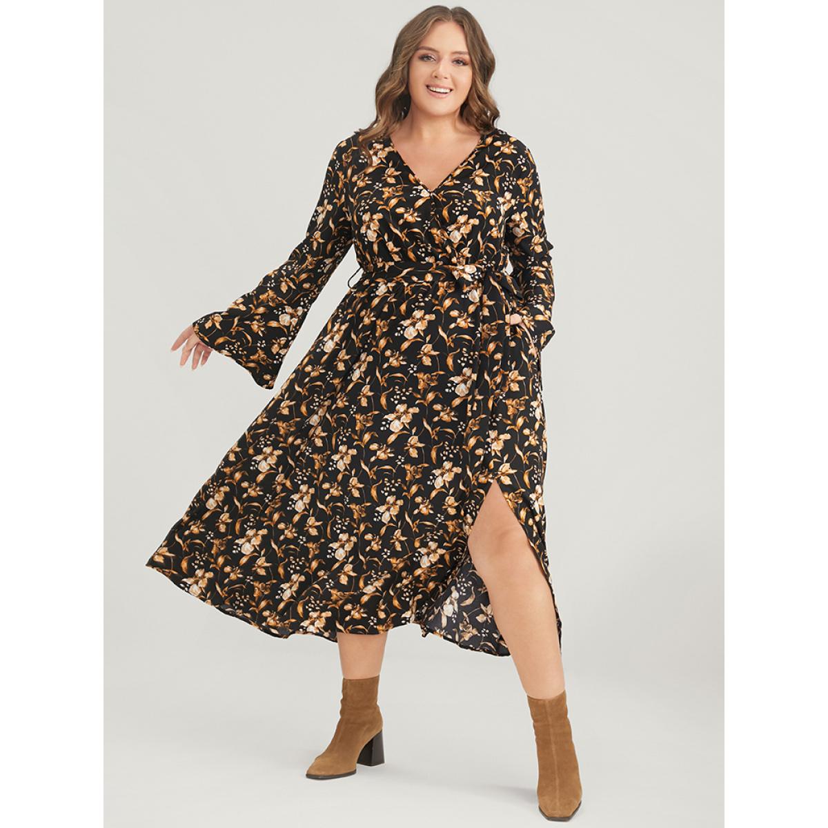 Plus Size Floral Pocket Bell Sleeve Belted Split Flutter Dress Black Women Elegant Pocket V-neck Long Sleeve Curvy Midi Dress BloomChic 14-16/1X Product Image