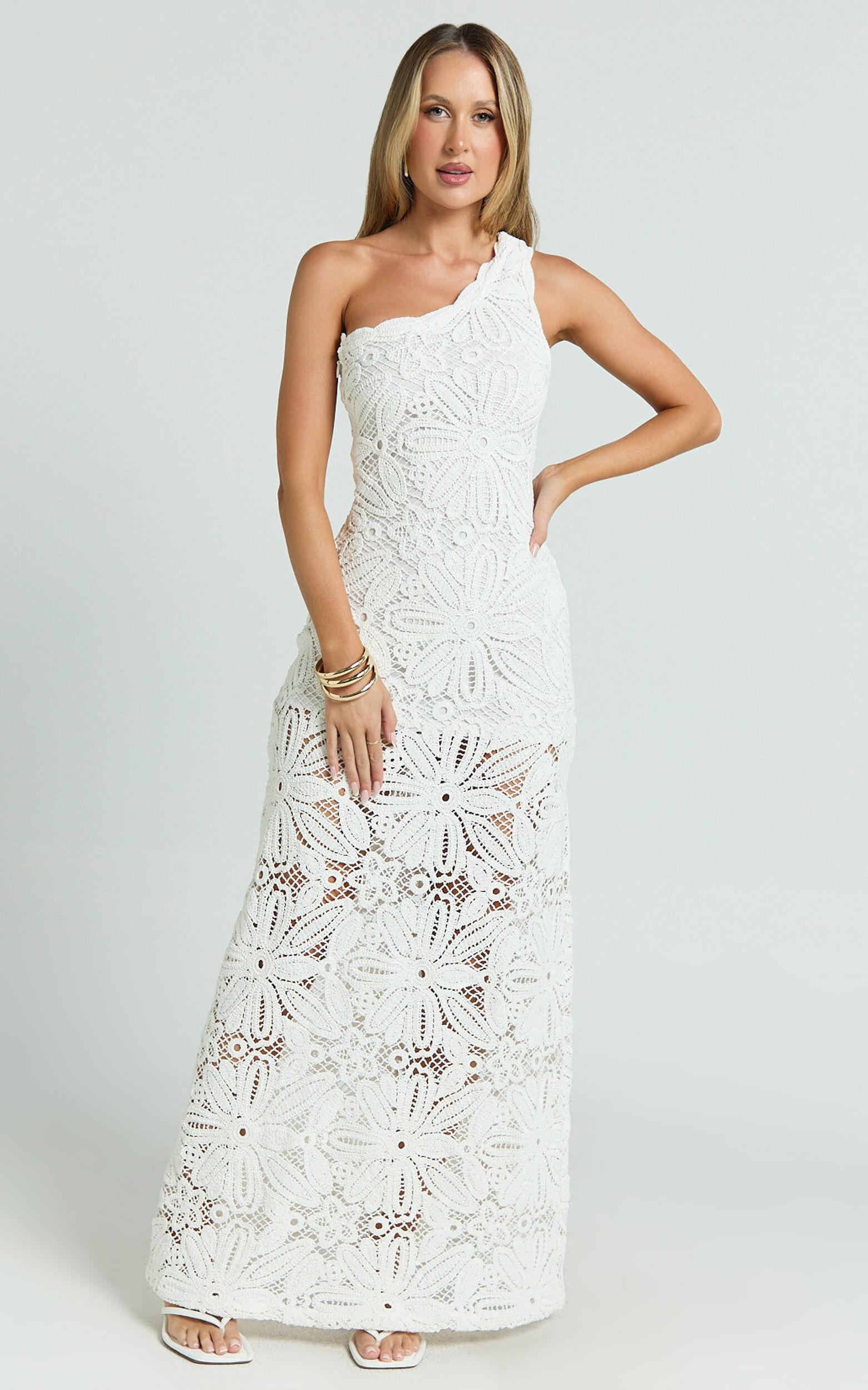Charlene Maxi Dress - Crochet Knitted One Shoulder Maxi Dress in White Product Image