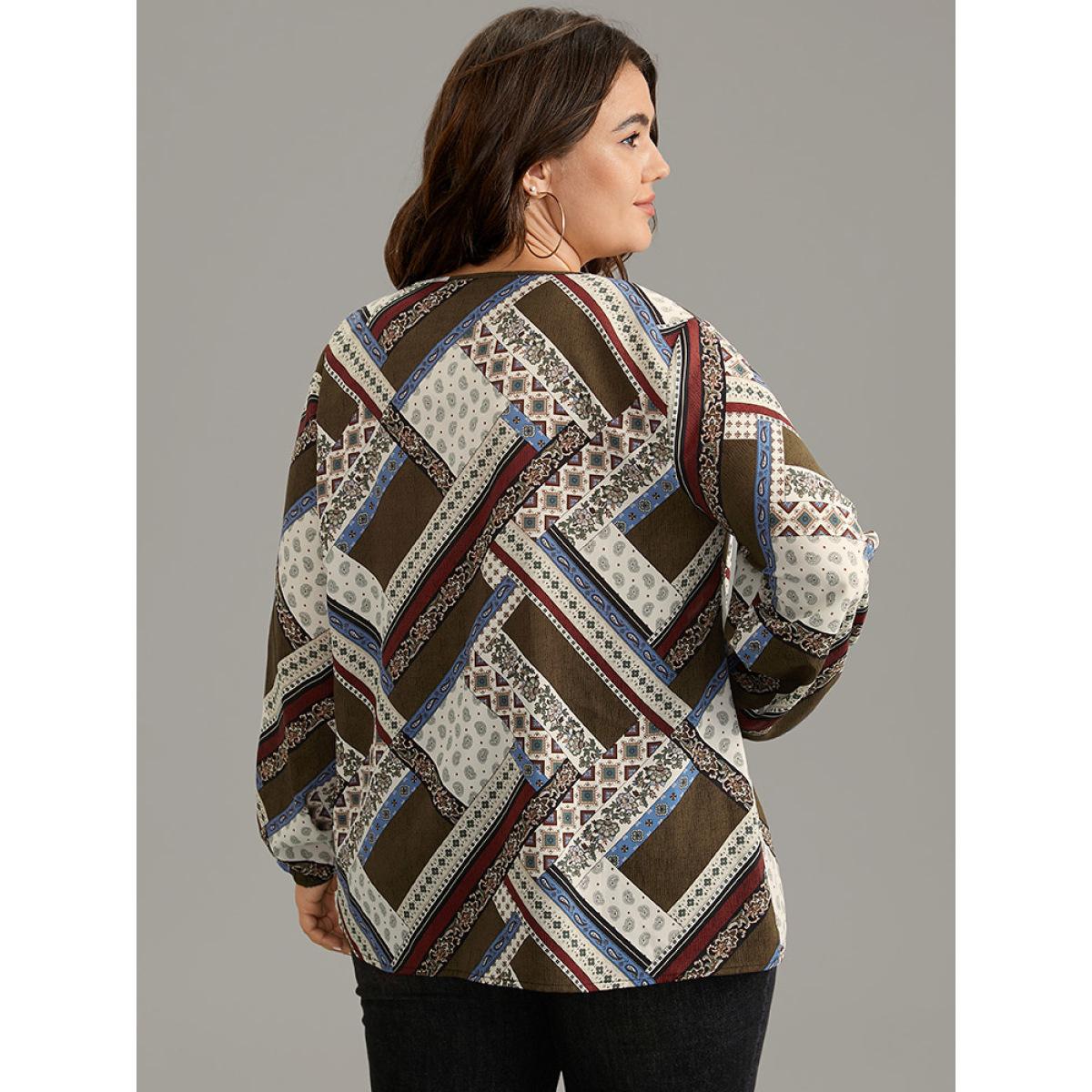 Plus Size Scarlet Moroccan Print Lace Up Lantern Sleeve Blouse Women Vacation Long Sleeve Tie Neck Vacation Blouses BloomChic 10/M Product Image