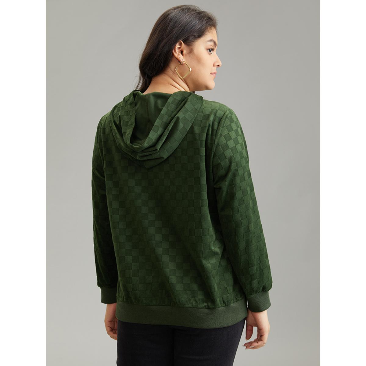 Plus Size Solid Velvet Checkered Hooded Pocket Sweatshirt Women Green Casual Texture Hooded Dailywear Sweatshirts BloomChic 14-16/1X Product Image