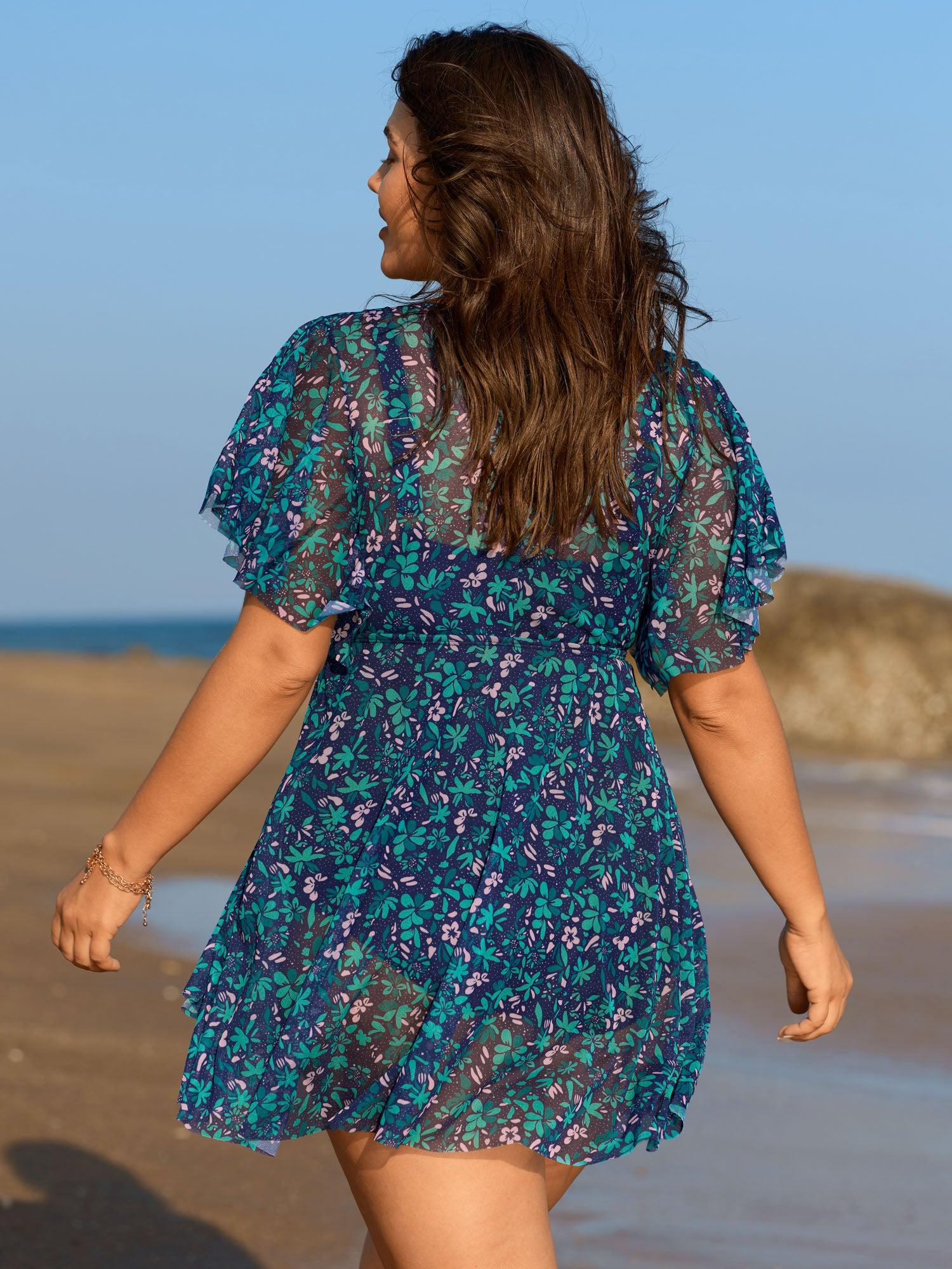 Colorful Sheer Floral Print Swim Dress Female Product Image