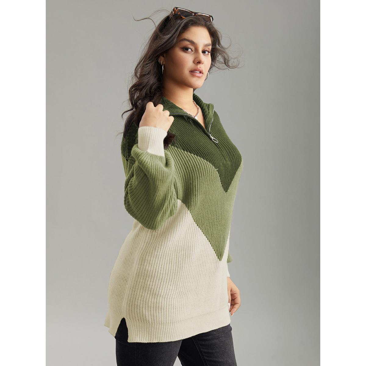 Plus Size Colorblock Patchwork Zipper Lapel Collar Pullover ArmyGreen Women Casual Long Sleeve Lapel Collar Everyday Pullovers BloomChic 14-16/1X Product Image