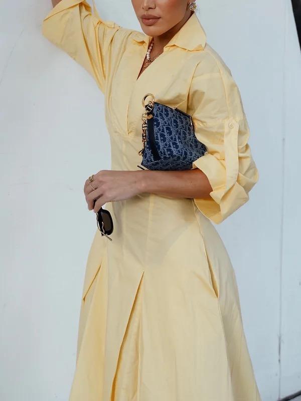 A-Line High Waisted Pleated Solid Color V-Neck Maxi Dresses Shirt Dress Product Image