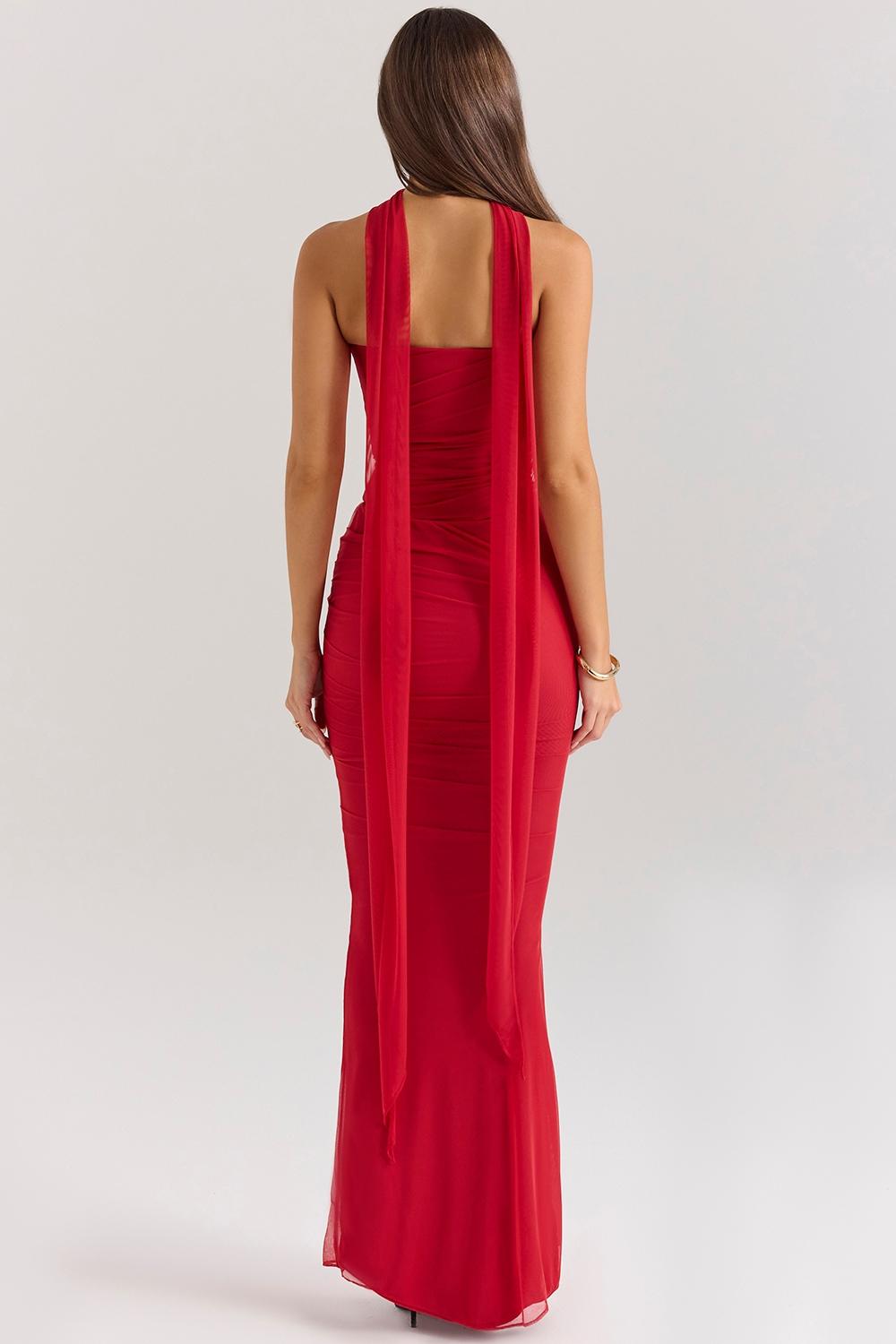 Cassidy  holly red mesh maxi skirt with fluted hem Product Image