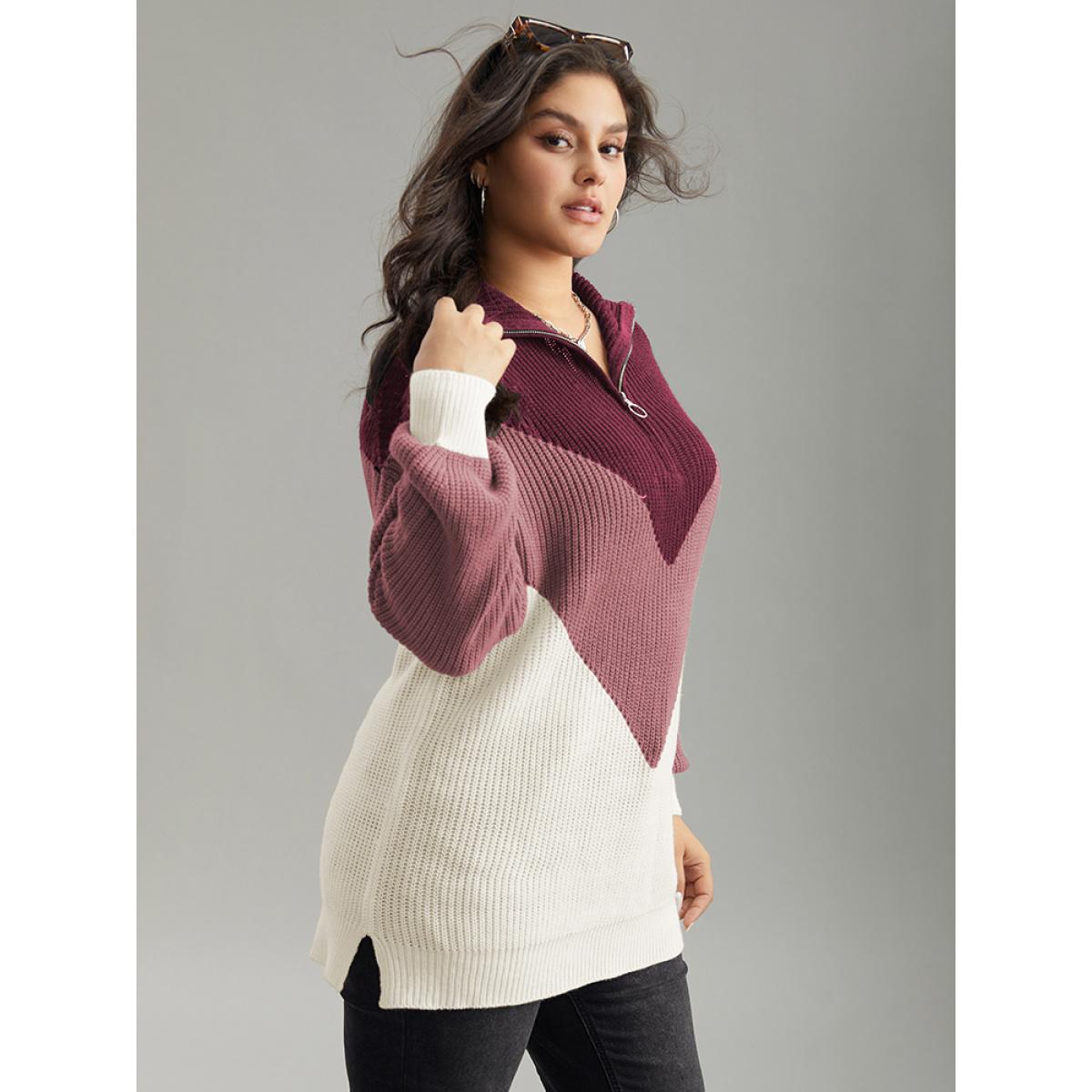 Plus Size Colorblock Patchwork Zipper Lapel Collar Pullover Burgundy Women Casual Long Sleeve Lapel Collar Everyday Pullovers BloomChic 14-16/1X Product Image