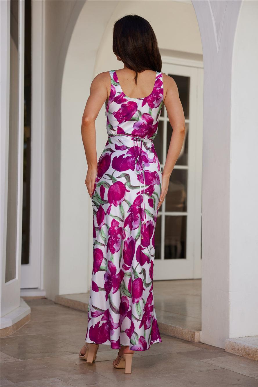 Flower Thoughts Satin Maxi Dress Pink Product Image