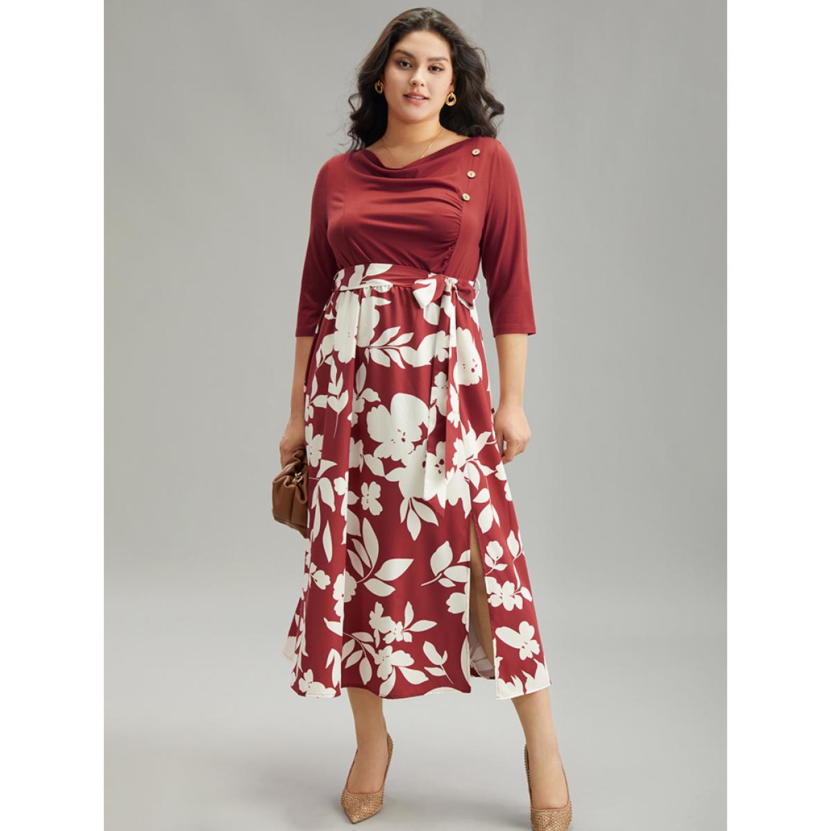 Plus Size Silhouette Floral Print Cowl Neck Belted Split Hem Dress Scarlet Women Office Gathered Cowl Neck Long Sleeve Curvy Midi Dress BloomChic 26/4X Product Image