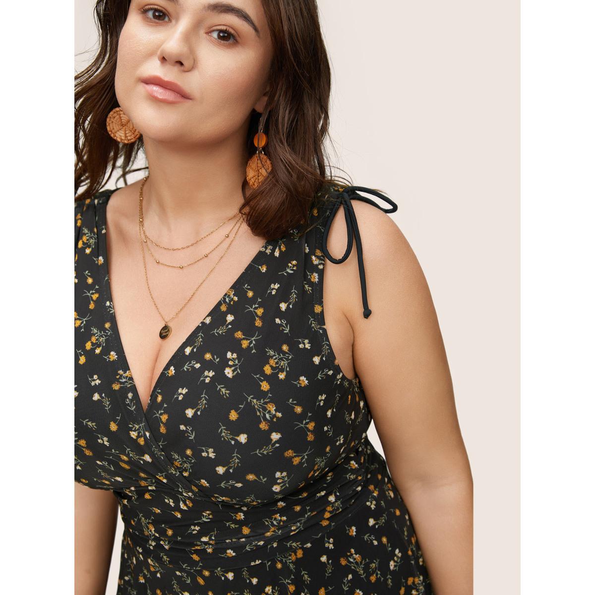 Plus Size Ditsy Floral Mesh Drawstring Swim Dress Women's Swimwear Black Beach Bodycon V-neck High stretch Curve Swim Dresses BloomChic 22-24/3X Product Image