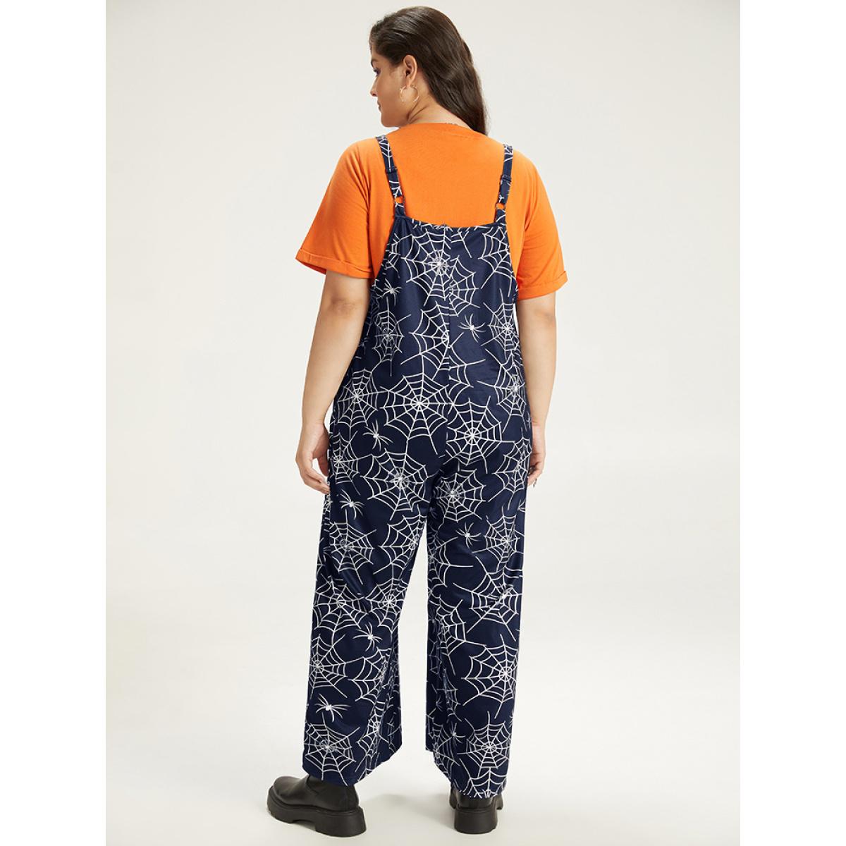 Plus Size DarkGreen Halloween Spider Web Print Pocket Overall Cami Jumpsuit Women Casual Sleeveless Spaghetti Strap Festival-Halloween Loose Jumpsuits BloomChic 22-24/3X Product Image