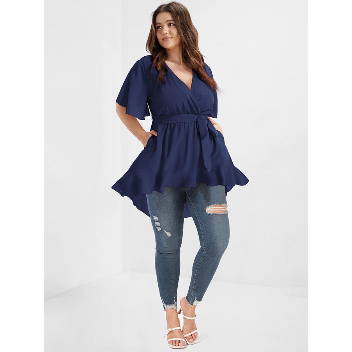 Plus Size DarkBlue Solid Belted Asymmetrical Hem Flutter Wrap Blouse Women Elegant Short sleeve V-neck Dailywear Blouses BloomChic 14-16/1X Product Image