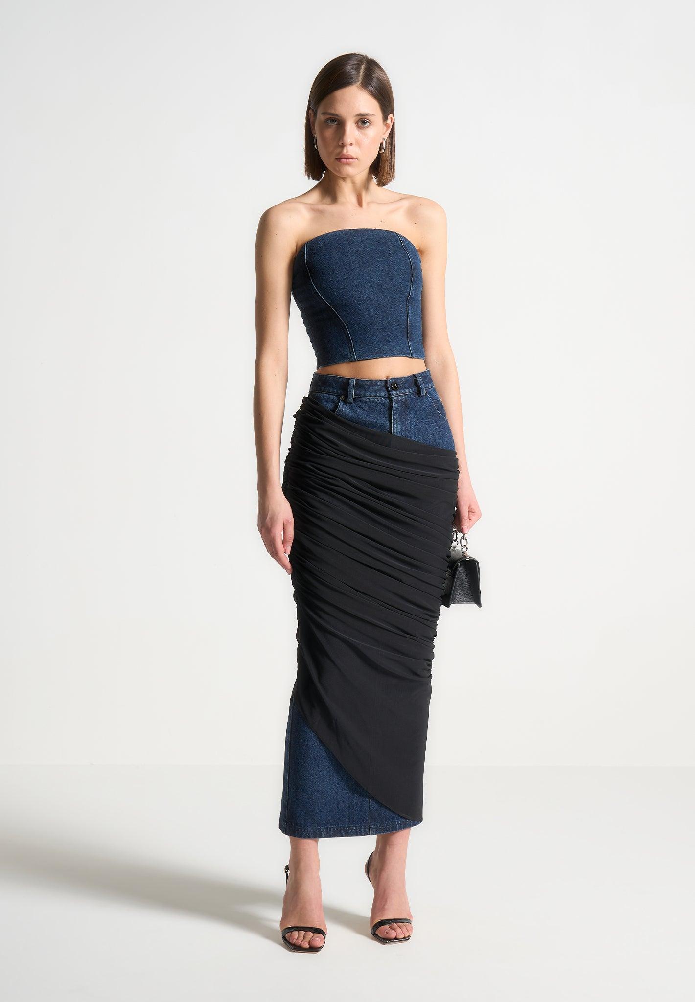 Draped Mesh Denim Maxi Skirt - Indigo Female Product Image