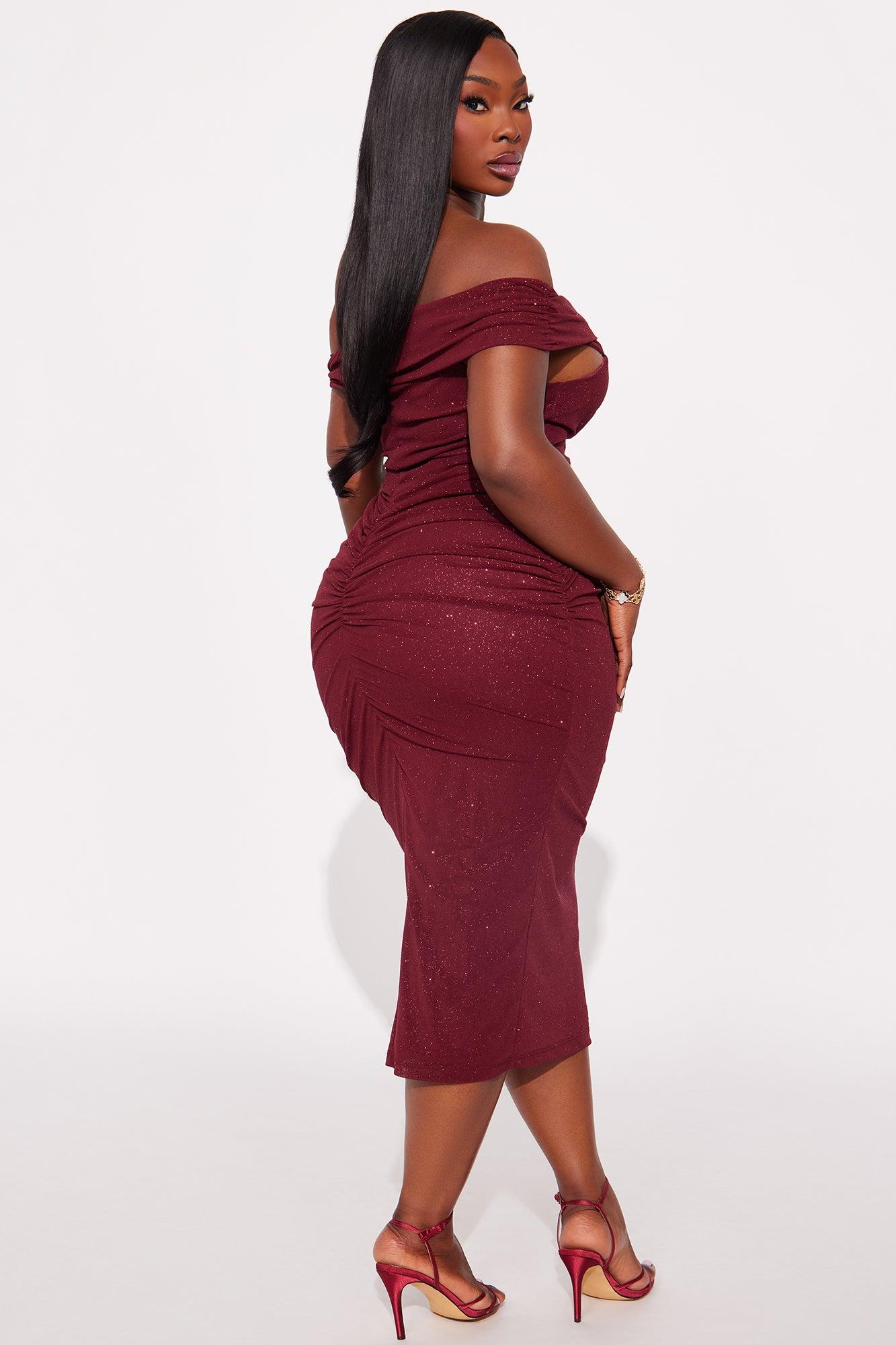 Jackie Glitter Mesh Ruched Midi Dress - Wine Female Product Image