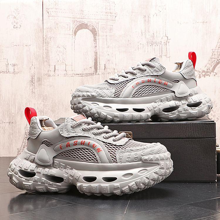Platform Lettering Debossed Mesh Panel Lace-Up Sneakers Product Image