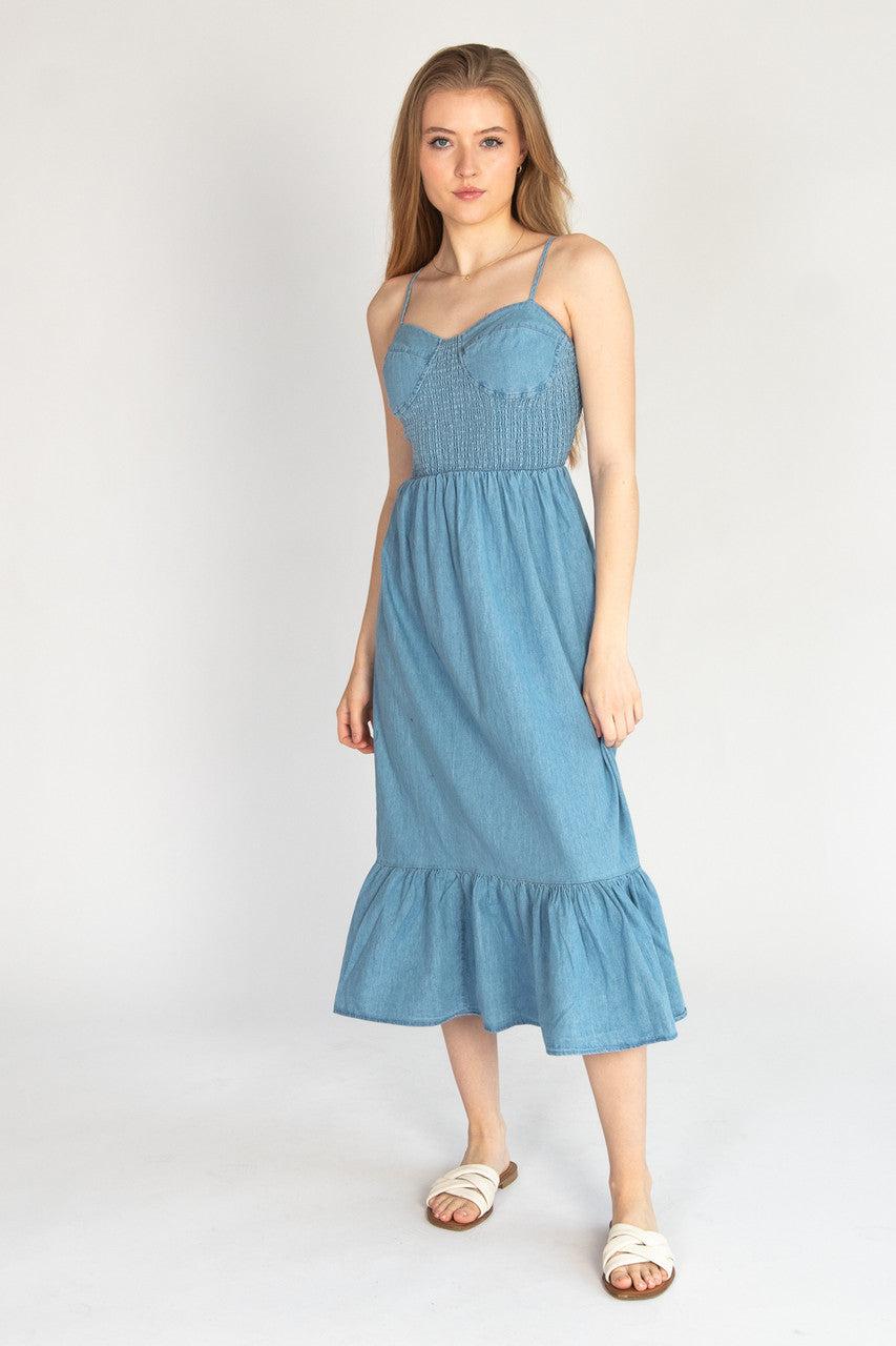 Smocked Bodice Chambray Maxi Dress Product Image