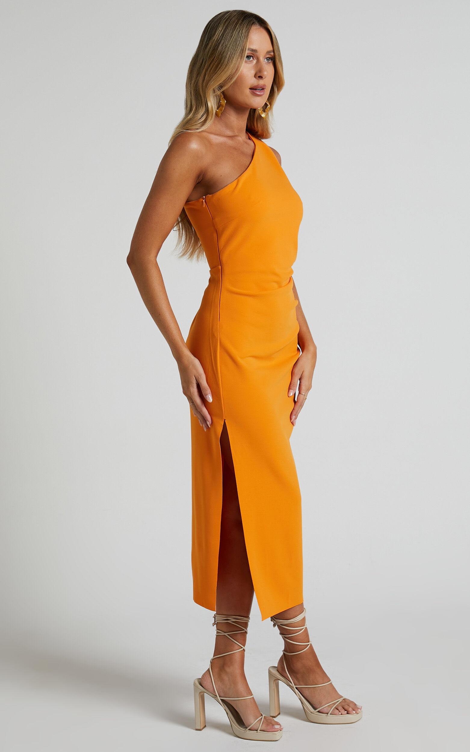 Monette Midi Dress - One Shoulder Straight Dress in Orange Product Image