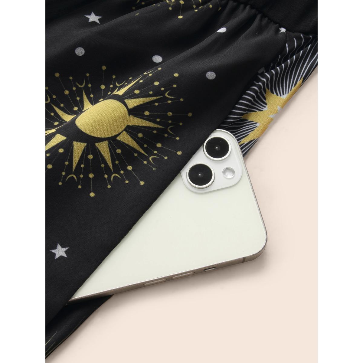 Plus Size Halloween Moon & Star Print Ruched Patchwork Dress Black Women Elegant Gathered Square Neck Short sleeve Curvy Midi Dress BloomChic 30/6X Product Image