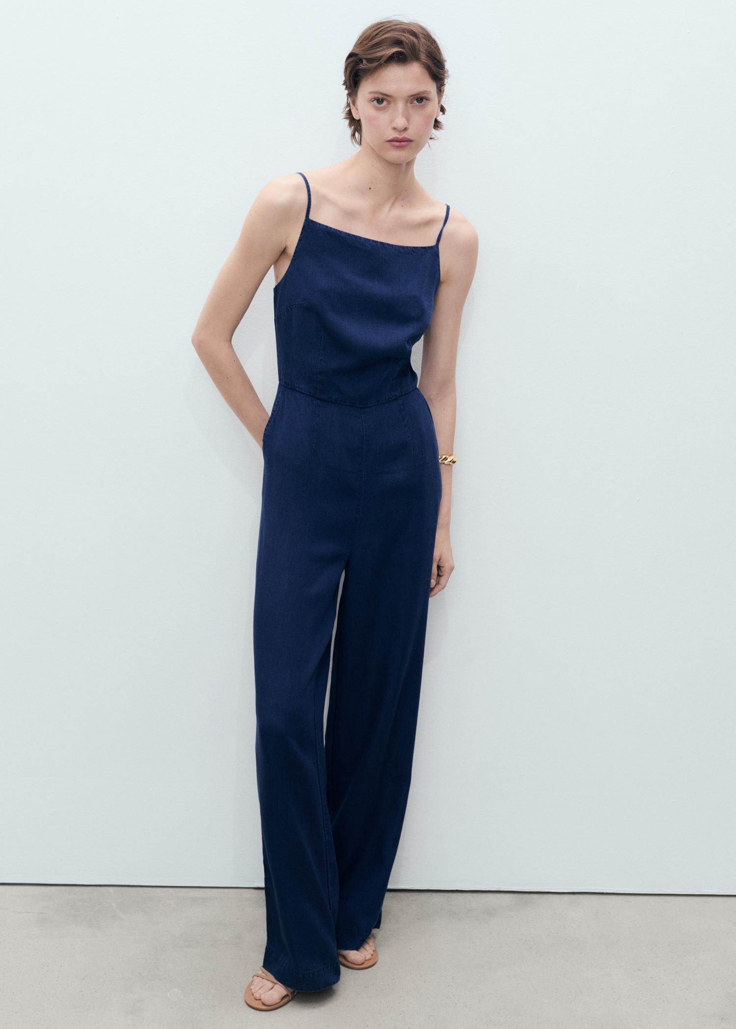 Long denim-effect jumpsuit - Women | MANGO USA Product Image