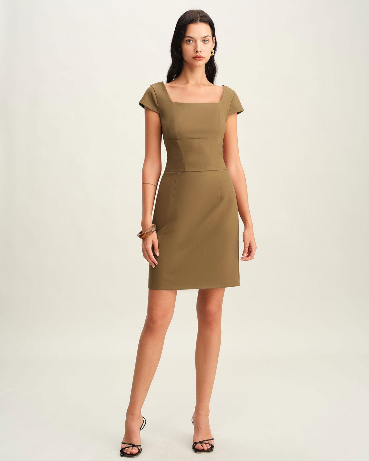 Brown Square Neck Cap Sleeve Mini Dress Product Image