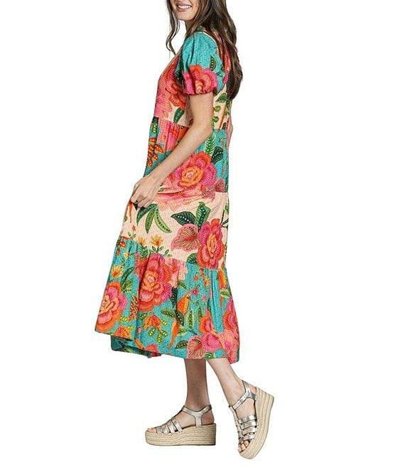 APNY Woven Floral Print V-Neck Short Sleeve Shift Midi Dress Product Image