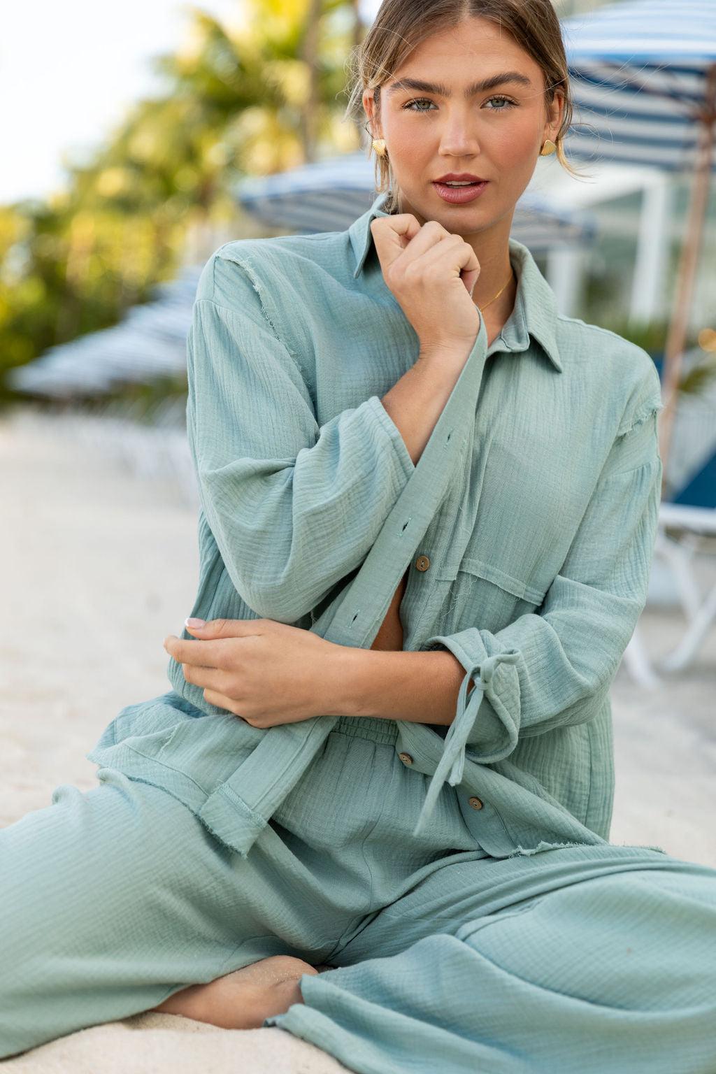 Warmer Weather Sage Gauze Button Down Top FINAL SALE Product Image