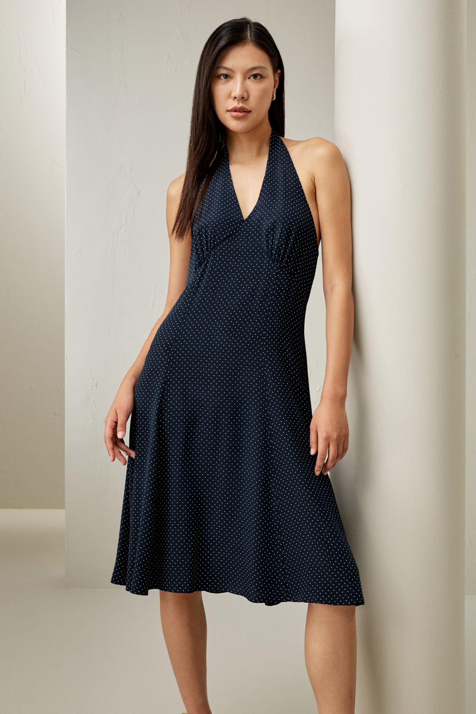 Polka Dot Halter Neck Silk Dress Product Image