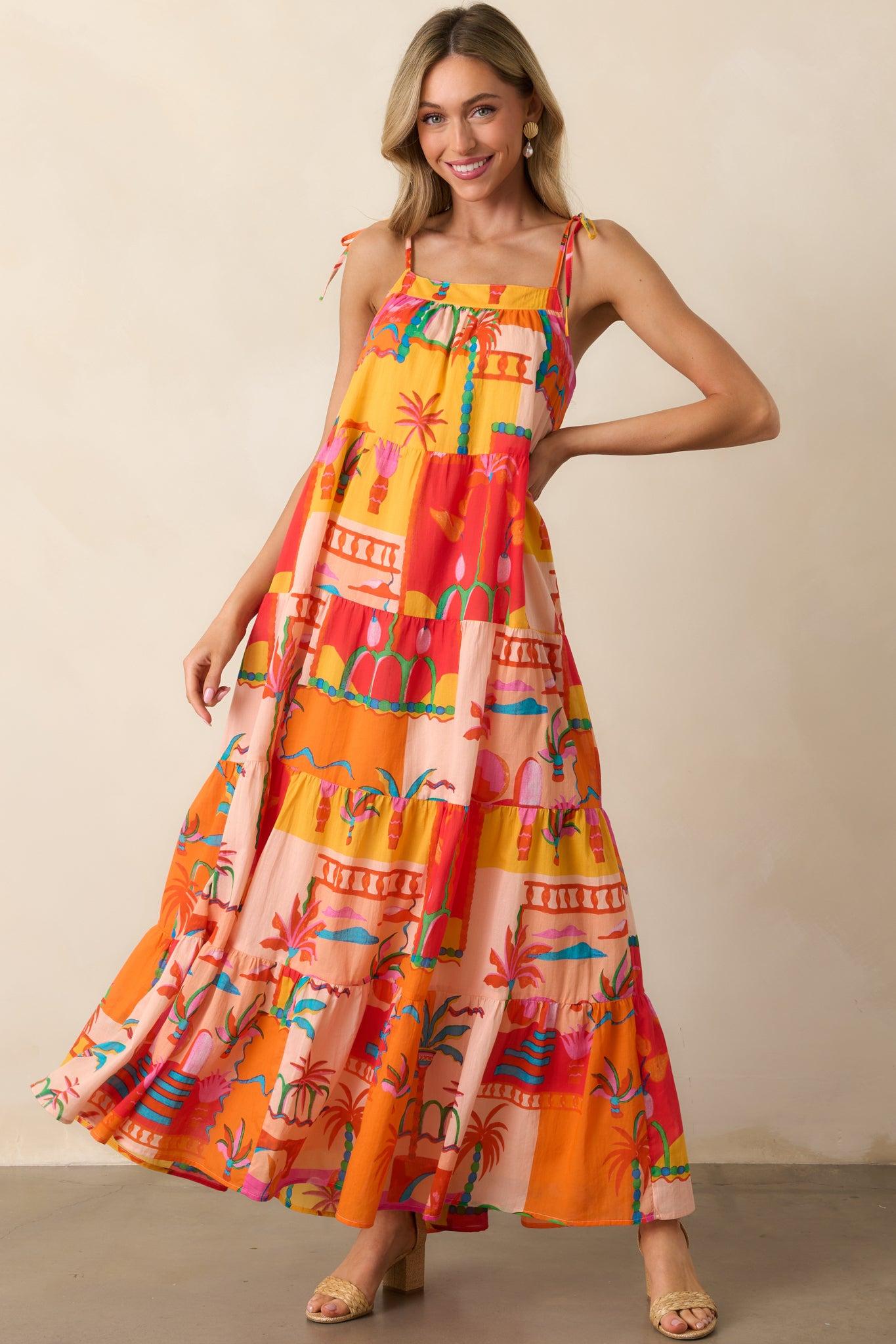 Seaside Soiree Orange Tropical Print Cotton Maxi Dress Product Image